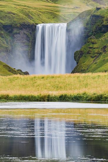 A photo of a towering waterfall reflected in the water surface in the green colored hills of Iceland.
