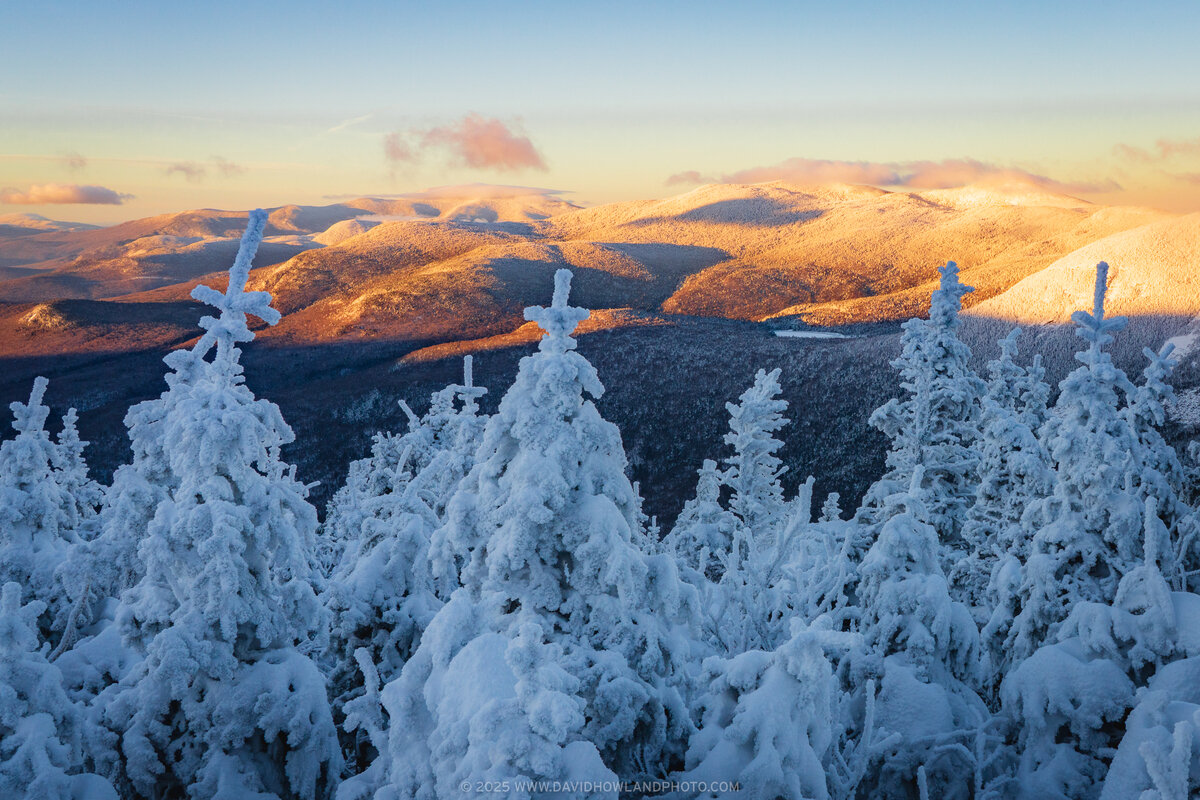 A winter mountain landscape at sunrise shows frost-covered evergreen trees in the foreground with distant mountain peaks bathed in warm golden alpenglow light against a pale blue sky.
