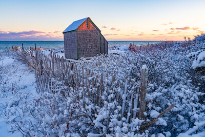 A weathered gray shingled shed stands on a snow-covered beach at sunset, surrounded by wooden snow fences and frost-laden beach grasses, with the ocean and pastel purple-and-orange sky visible in the background.