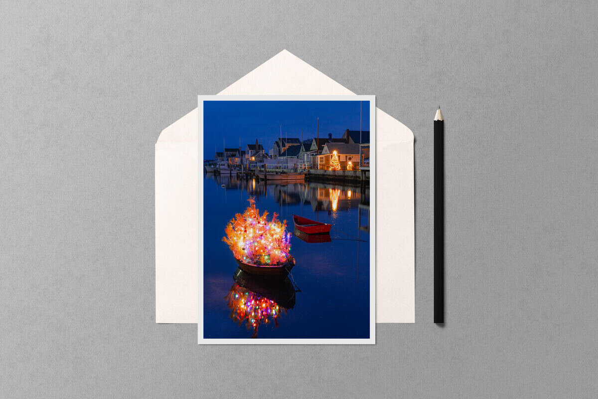 Christmas Dinghy in Nantucket Harbor notecard mockup