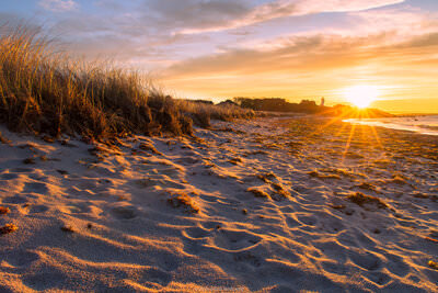 A photo of the sun rising behind Nobska Lighthouse and the sand and beach grass of Nobska Beach in Woods Hole, Massachusetts on Cape Cod.