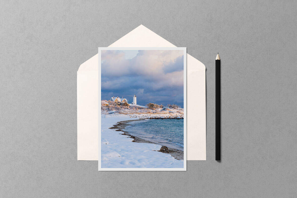 Snow Covered Sunset at Nobska Lighthouse notecard mockup