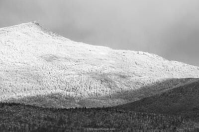 A black and white panorama photo of snow covered trees on the slopes of Mount Garfield in New Hampshire.