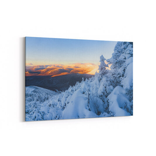 Snow-covered evergreen trees frame a winter mountain vista where golden sunrise light illuminates distant peaks while the foreground remains in blue-tinted shadow.