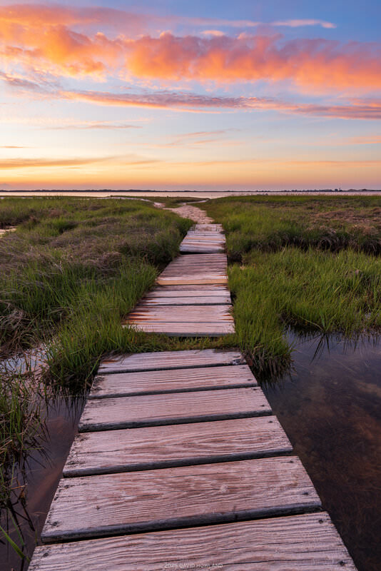 A photo of a boardwalk in a salt marsh under glowing orange skies at sunset in Barnstable, Massachusetts on Cape Cod.