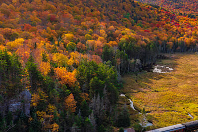 A photo of a train pulled by two diesel engines in front of the colorful yellow and red foliage on the trees of the White Mountains in New Hampshire.