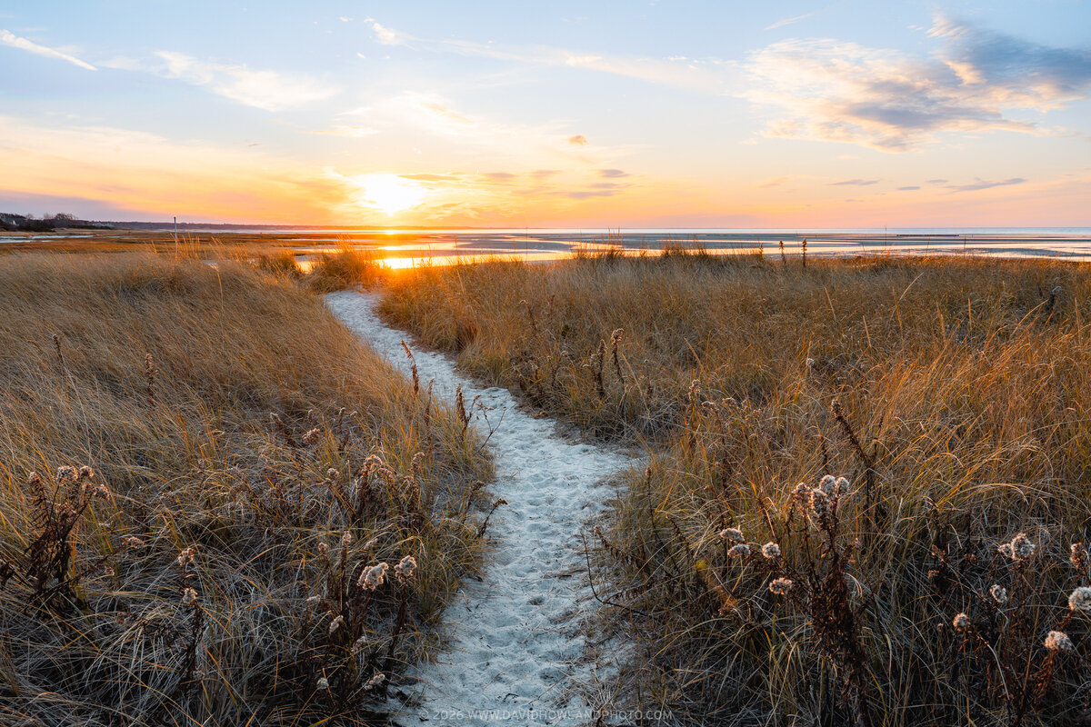A sandy path winds through golden-brown marsh grasses toward a winter sunset over Rock Harbor Beach in Orleans, Massachusetts, with the low sun casting warm light across shallow tidal flats and distant figures visible on the shoreline.
